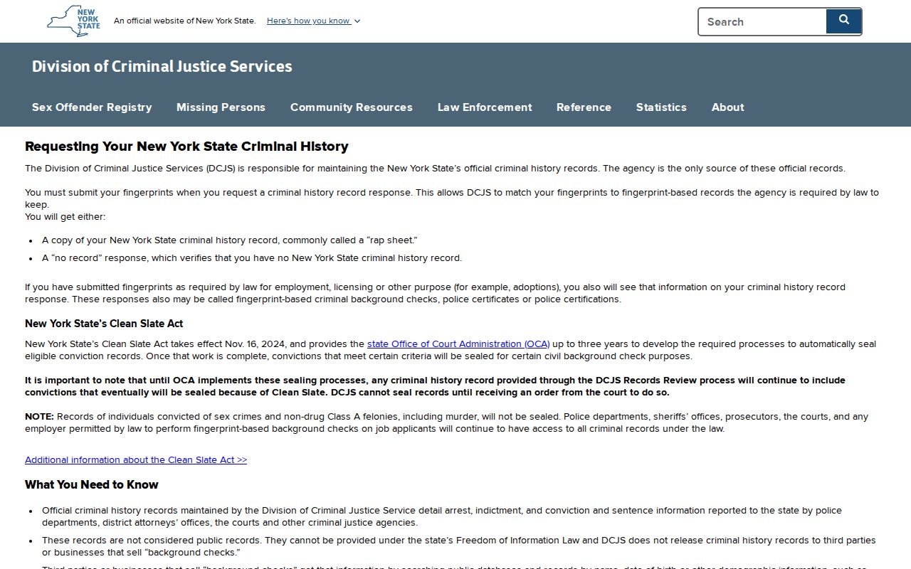 Hamilton County criminal history DCJS Personal Record Review page