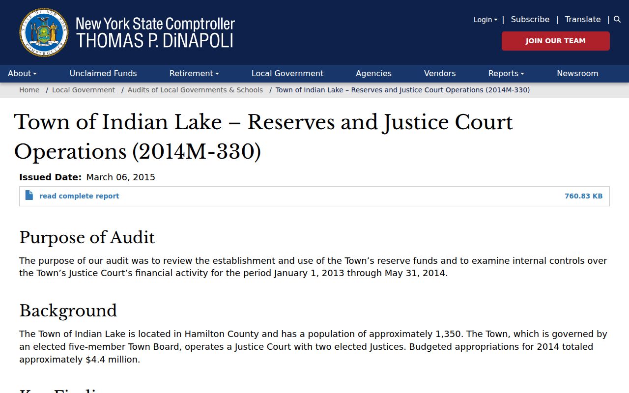 New York State Comptroller Indian Lake Justice Court audit page